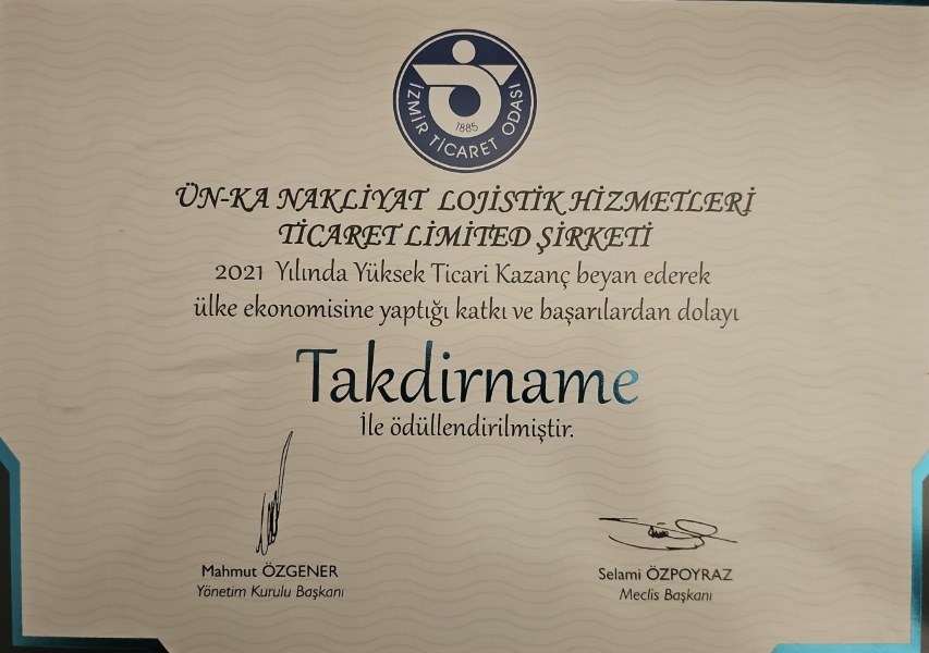 Izmir Chamber of Commerce Certificate of Appreciation 2021