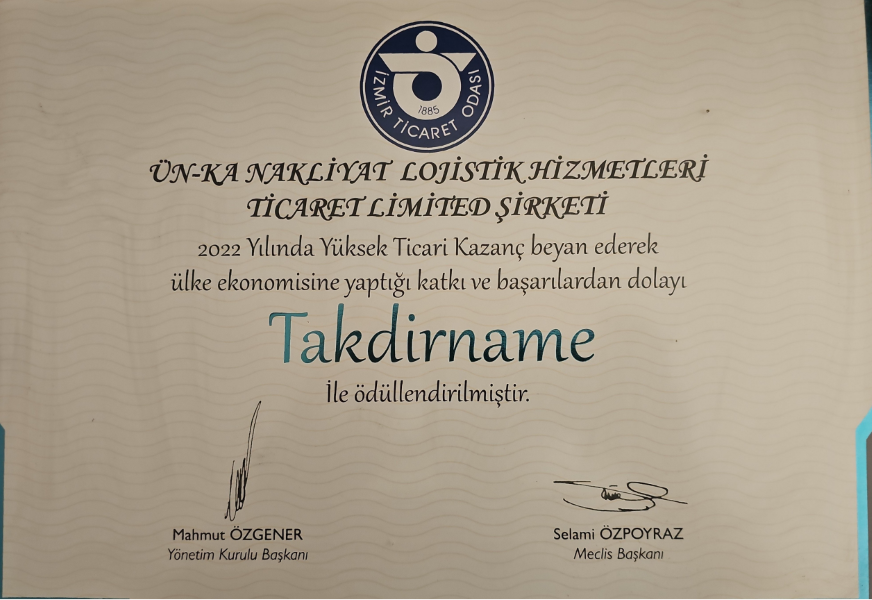 Izmir Chamber of Commerce Certificate of Appreciation 2022