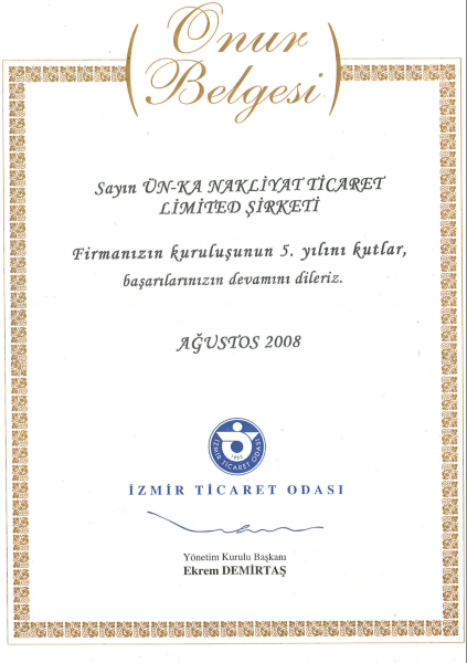 Izmir Chamber of Commerce Honor Certificate